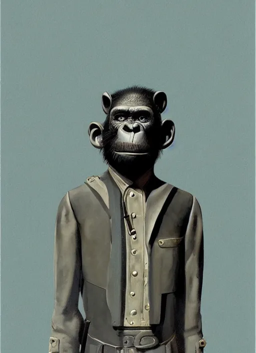 Image similar to a dieselpunk portrait of an anthropomorphic chimpanzee character, by stephen gammell, by jack gaughan, by george ault, by victo ngai, 3 d render, cgsociety, artstation