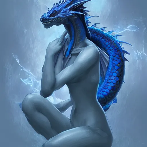 Prompt: kneeling female ghostly figure presenting a blue dragon scale, digital art, trending on artstation
