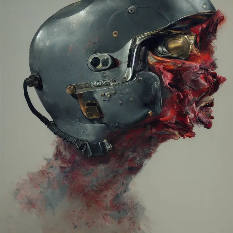 Image similar to hyperrealistic detailed higher angle portrait of a character in fighter pilot helmet, fighter jets, rich deep colors, ultra detail, by francis bacon, james ginn, petra courtright, jenny saville, gerhard richter, zdzisaw beksinski, takato yamamoto. masterpiece, elegant fashion studio ighting 3 5 mm