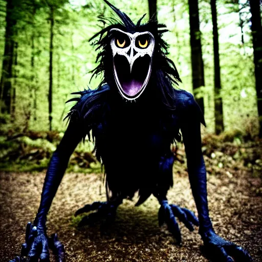 Image similar to werecreature consisting of a human and crow, photograph captured in a forest