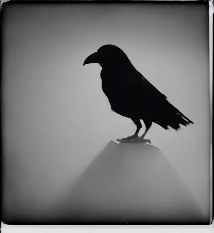 Image similar to wide angle, dark old polaroid of a ethereal raven bird, being illuminated by few sun rays, black and white