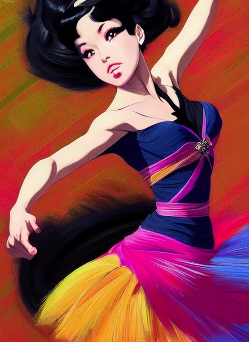 Image similar to a beautiful dancer with black hair in 1960's fashion, ballroom background, intricate, highly detailed, digital painting, artstation, official media, anime key visual, concept art, rich vivid colors, ambient lighting, sharp focus, illustration, art by Artgerm, Makoto Shinkai, Ilya Kuvshinov, Lois Van Baarle, and Rossdraws