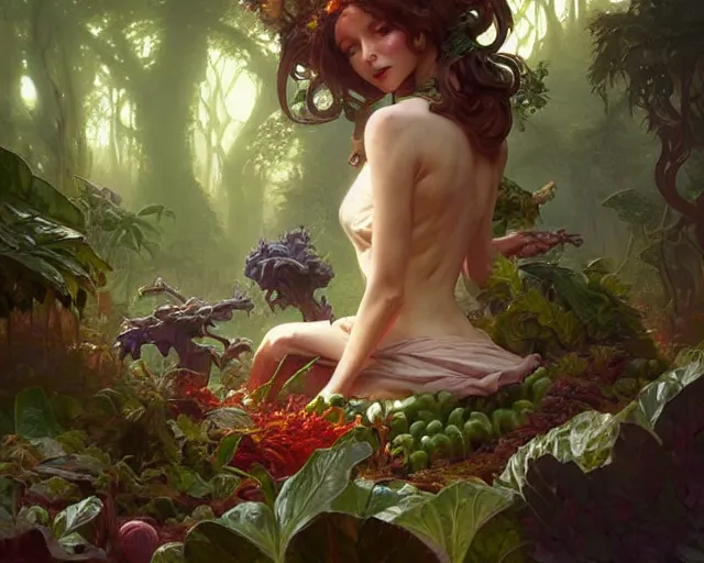 Image similar to drug acid trip forest garden giant vegetables, deep focus, d & d, fantasy, intricate, elegant, highly detailed, digital painting, artstation, concept art, matte, sharp focus, illustration, hearthstone, art by artgerm and greg rutkowski and alphonse mucha