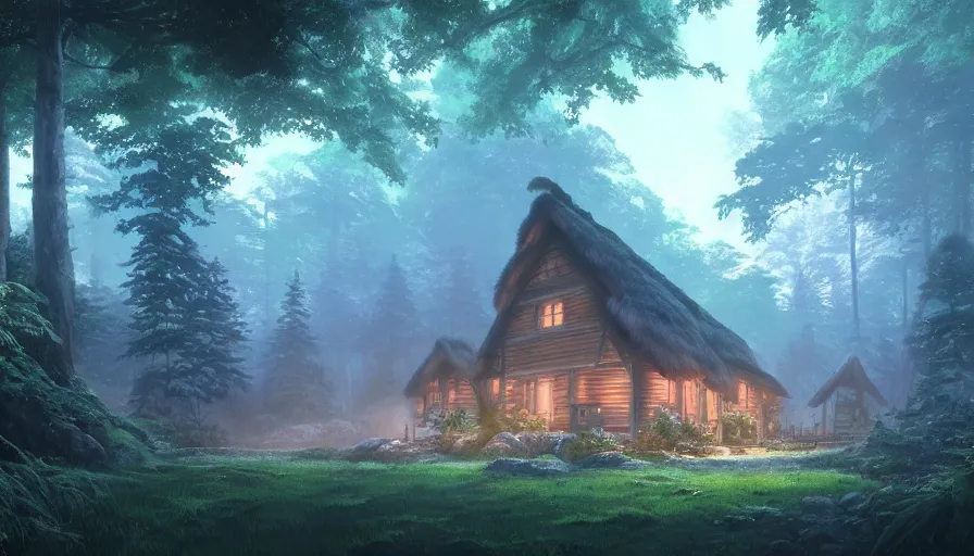 Image similar to A highly detailed matte painting of cottage in a dark forest, by Studio Ghibli, Makoto Shinkai, by Artgerm, by beeple, by Greg Rutkowski, volumetric lighting, octane render, 4K resolution, trending on artstation, masterpiece
