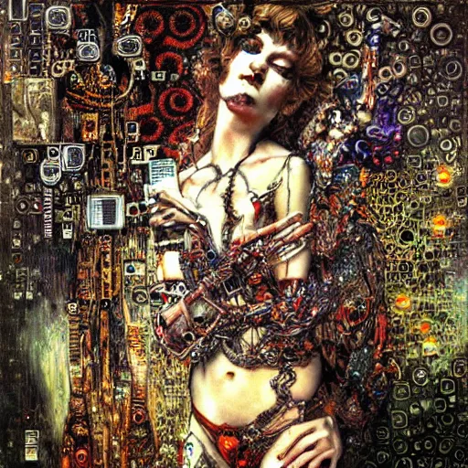 Image similar to depraved cybernetic demon tripping on lsd, circuitry, intricate detail, klimt, royo,