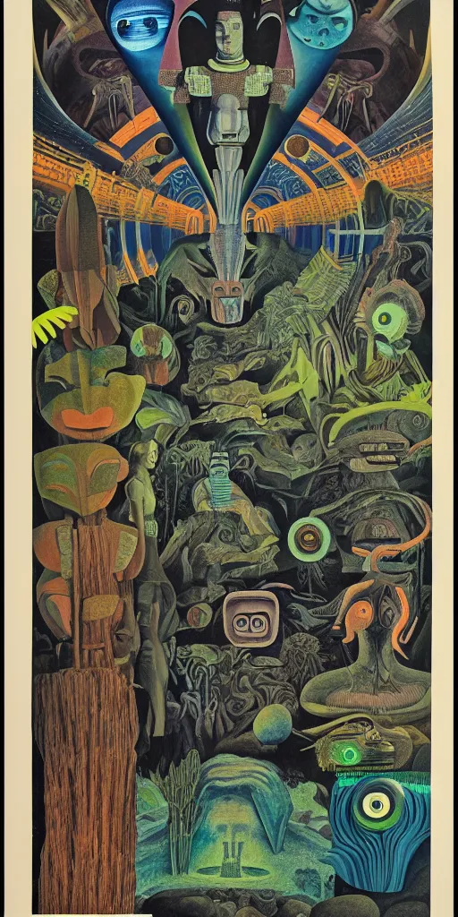 Image similar to 1968 science fiction movie poster, cut out collage, neon mayan, deep winter on Venus, epic theater, deep forest creatures, mountain plants, drawings in part by Diego Rivera, part by Ernst Haekl, text by William S Boroughs, written by Michael Ende