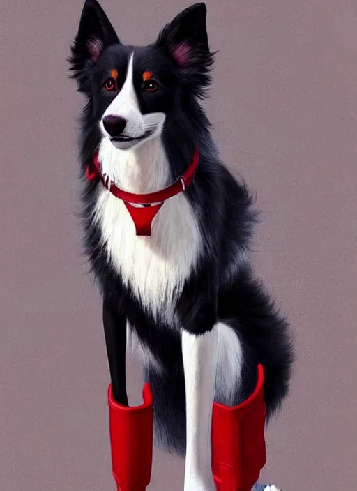Image similar to full body digital painting of a cute male anthropomorphic border collie fursona wearing a red collar and standing outside, furaffinity, intricate, elegant, beautiful, realistic proportions, highly detailed, trending on artstation, art by charlie bowater and henry asencio and and ross tran
