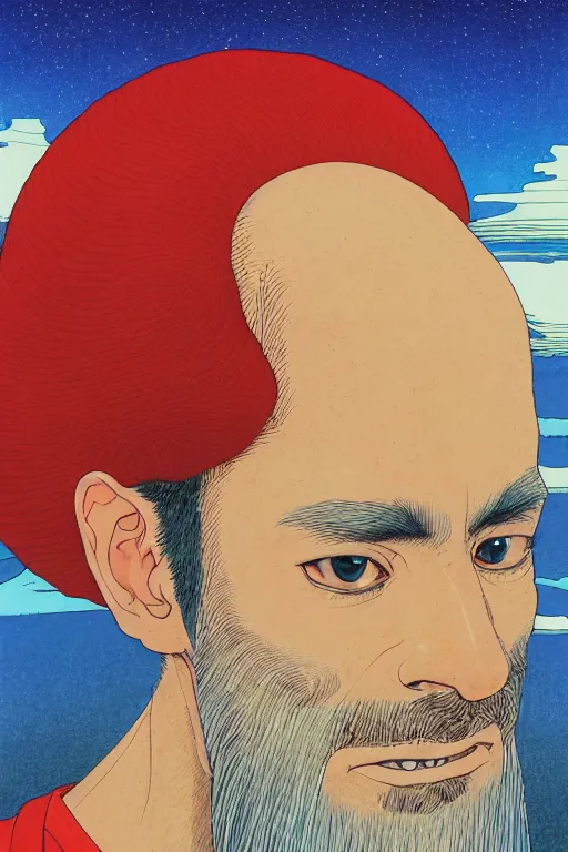 Image similar to a colorful closeup portrait of a young bald man with a very long wild beard dreaming psychedelic hallucinations in the vast icy landscape of antarctica, by kawase hasui, moebius and edward hopper, colorful flat surreal design, hd, 8 k, artstation