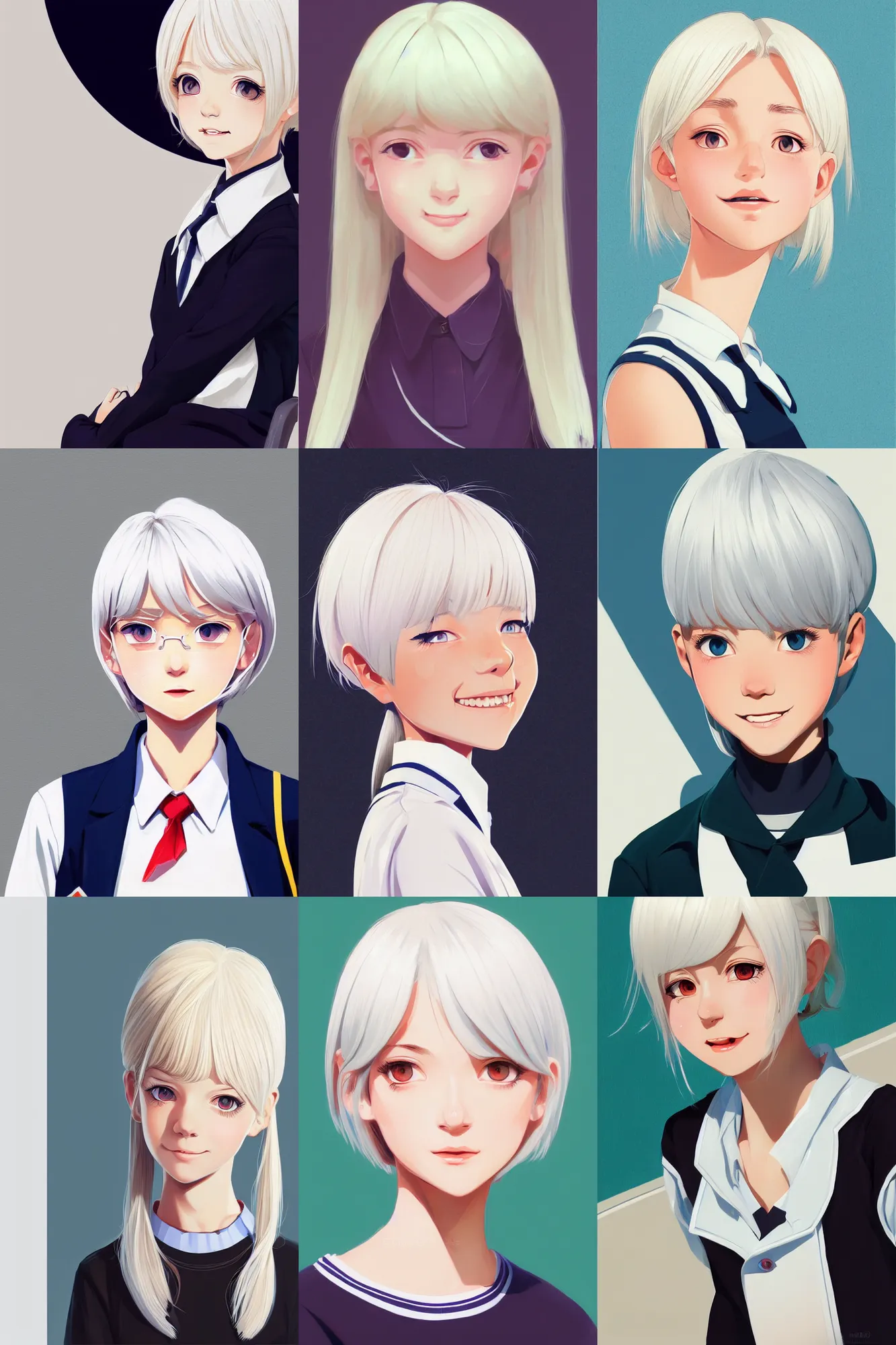 Image similar to a headshot of a very happy cute girl with shoulder - length white hair wearing school uniform, sharp focus, illustration, morandi color scheme, art station, high detailed, by ilya kuvshinov