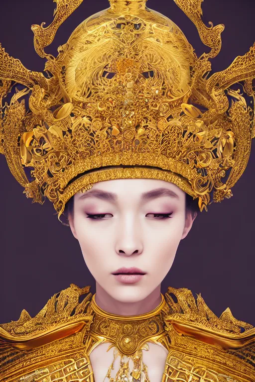 Image similar to a singular beautiful empress portrait, with a brilliant, impossible striking shiny big gold headpiece, symmetrical, reflective surface, gold clothes, rococo, baroque, jewels, asian, realistic, studio lighting, closeup, D&D, fantasy, intricate, elegant, highly detailed, digital painting, artstation, octane render, 8k, concept art, matte, sharp focus, illustration, art by Artgerm and Greg Rutkowski and Alphonse Mucha