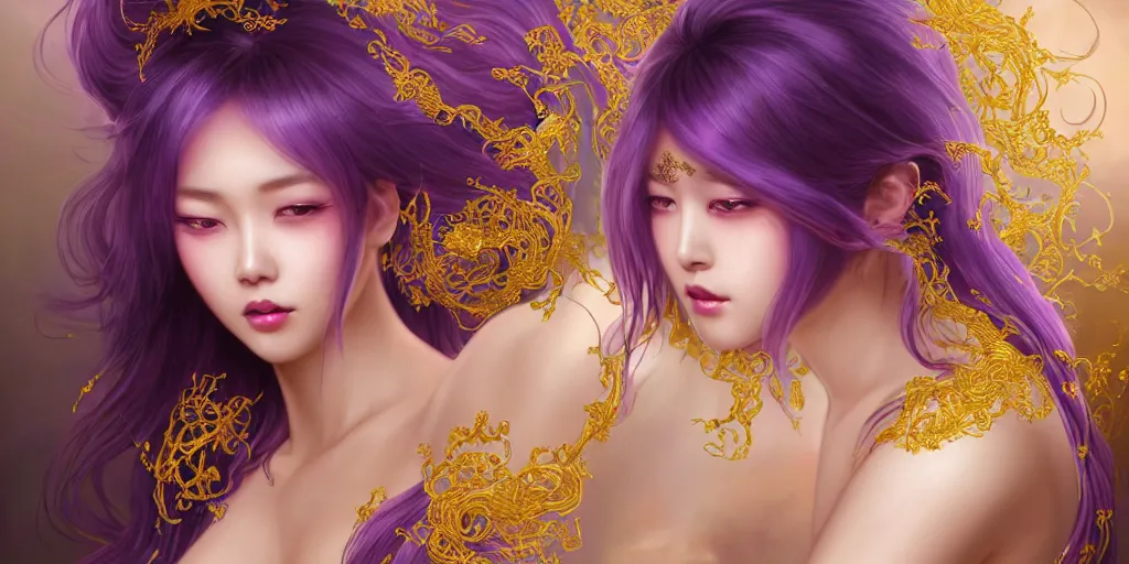 Image similar to asian nymph goddess flowing purple hair twisting in sensual pose with golden tattoes of cursive sigils on her opalescent skin, fantasy, intricate, very beautiful, elegant, golden light, highly detailed, digital painting, artstation, concept art, smooth, sharp focus, unreal engine, art by wlop and tian zi and alphonse mucha