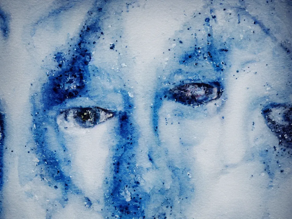 Image similar to the piercing blue eyed stare of yuki onna, freezing blue skin, blizzard in the mountains, painted in minimalist watercolor, bokeh, asymmetric, rule of thirds