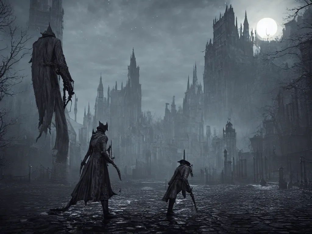 Image similar to bloodborne 2, dark, nighttime, victorian england style, horror, grotesque, serene, haunting, heavy atmosphere, claustrophobic, insanity, High Definition detail, 8K