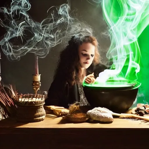 Image similar to teen witch mixing a spell in a cauldron, wispy smoke, studio photography, a black cat, green glowing smoke is coming out of the cauldron, ingredients on the table, apothecary shelves in the background, still from the tv show