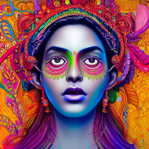 Prompt: the face of a ridiculously beautiful and pretty indian woman partially made of onion rings of all colors looking up, an ultrafine detailed illustration by james jean, final fantasy, intricate linework, bright colors, behance contest winner, vanitas, angular, altermodern, unreal engine 5 highly rendered, global illumination, radiant light, detailed and intricate environment