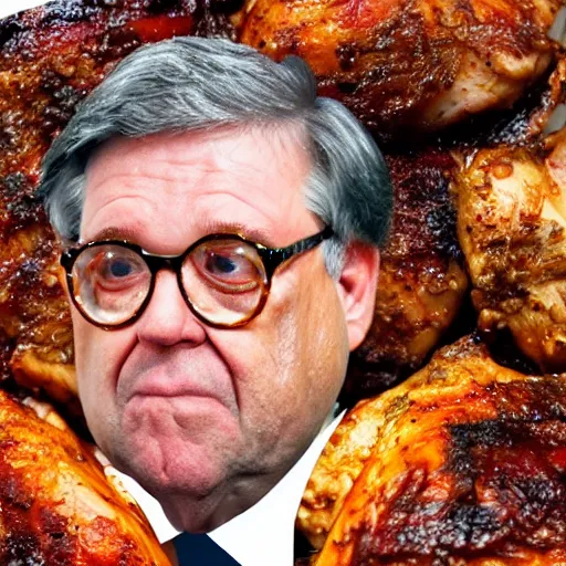 Image similar to bill barr face in a barbecued chicken piece!!!!, 8 k, ultra realistic details