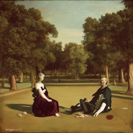 Prompt: Two humans in a park, baroque style.