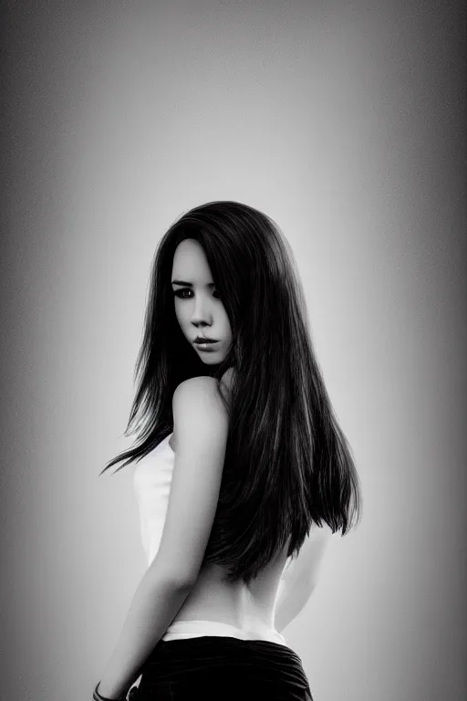 Image similar to full body portrait of a beautiful young woman in black and white, photorealistic, hair down to waist, sharp focus, in the style of Kevin Kostic, Stephen Lau and artgerm, hyper sharp focus, 8k highly detailed