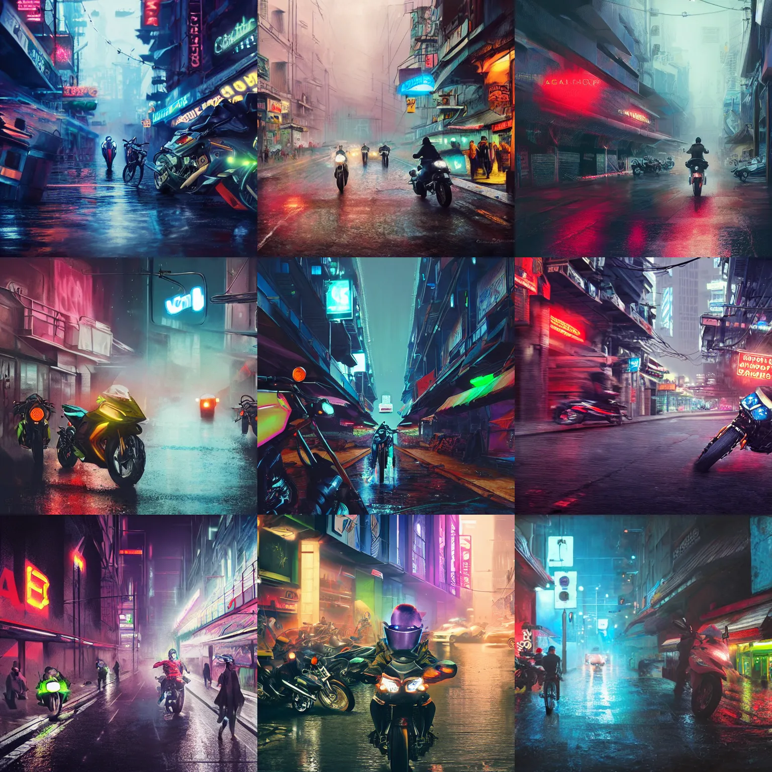 Prompt: escape on a motorcycle through a crowded bazaar in a dystopian neon city, concept art by christian faber, sharp, hyperrealistic, light rain, extremely realistic lighting, illusion of motion