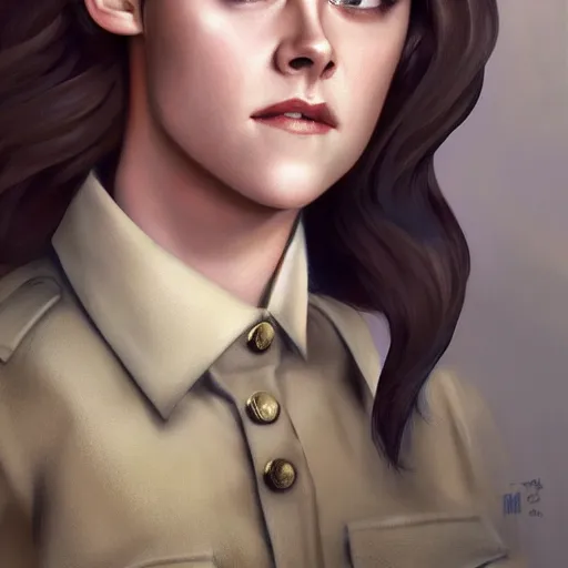 Image similar to Render of Kristen Stewart as Honor Harrington wearing an officer's uniform, cute 3d, long brown hair, brown eyes, soft smile, 4k oil on linen by wlop, artgerm, andrei riabovitchev, nuri iyem, james gurney, james jean, greg rutkowski, highly detailed, soft lighting 8k resolution, aboard a starship, medium shot, mid-shot, trending on Artstation, Unreal Engine 4k