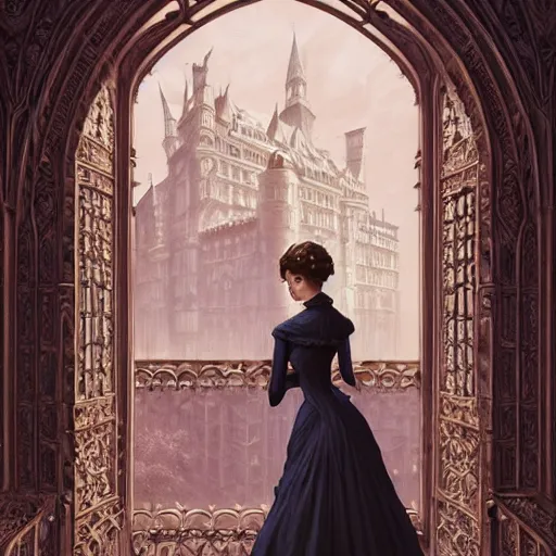 Image similar to audrey hepburn in an epic victorian novel, inside an ornate castle, intricate, elegant, highly detailed, digital painting, artstation, matte, illustration, art by artgerm, greg rutkowski, loish, rhads, ferdinand knab, makoto shinkai, lois van baarle, ilya kuvshinov, rossdraws, tom bagshaw