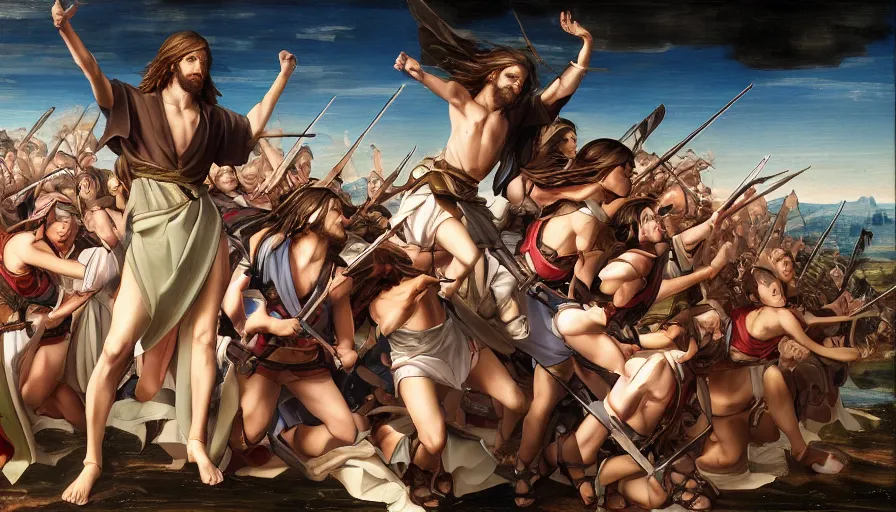 Image similar to jesus christ our lord leading an army of anime girls into battle, photorealistic, anime, mini skirt, long hair, renaissance painting, hyper real, detailed, closeup shot, ultra detailed