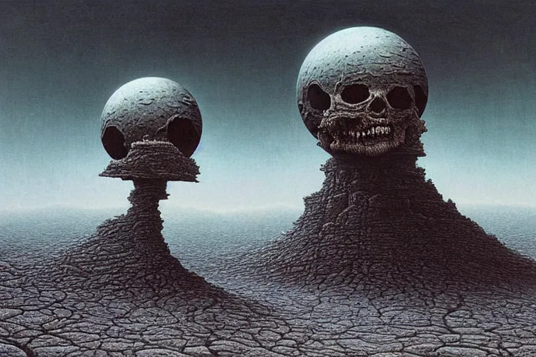 Prompt: a surreal and awe - inspiring science fiction landscape, skull - shaped moon, intricate, elegant, highly detailed matte painting by beksinski and simon stalenhag