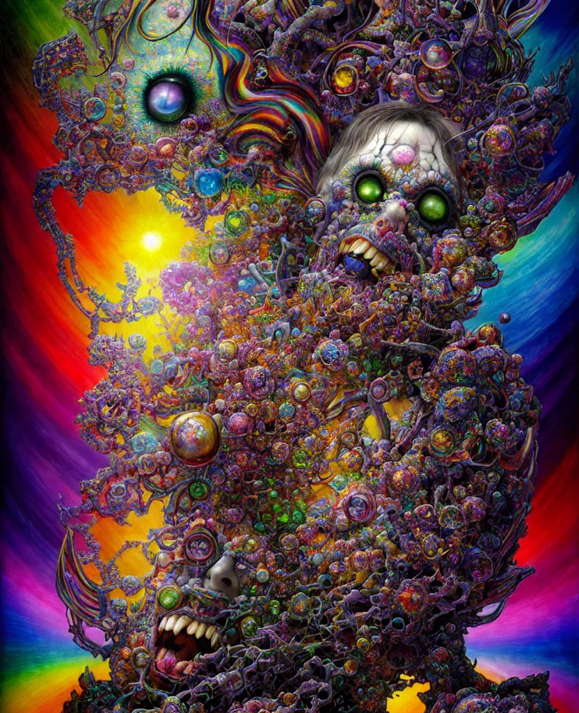 Image similar to realistic detailed image of ultra wrathful rainbow diamond nightmare scientist mega god of chaos, depth perception, depth of field, action horror by lisa frank, ayami, karol bak, neo - gothic, gothic, rich deep colors, part by adrian ghenie and gerhard richter. art by yoshitaka amano. masterpiece