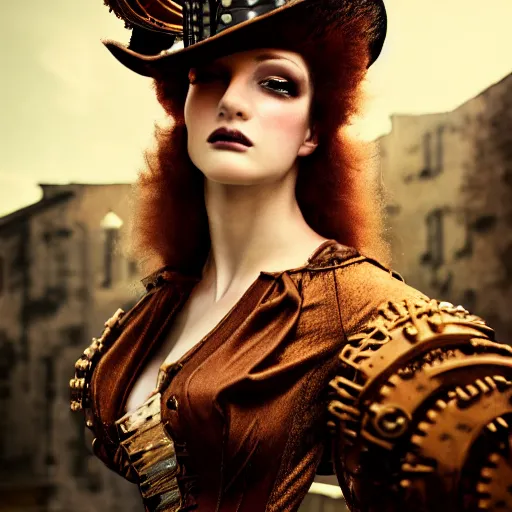 Image similar to photographic portrait of a stunningly beautiful steampunk renaissance female in strong sunshine, contemporary fashion shoot, by edward robert hughes, annie leibovitz and steve mccurry, david lazar, jimmy nelsson, breathtaking, 8 k resolution, extremely detailed, beautiful, establishing shot, artistic, hyperrealistic, beautiful face, octane render