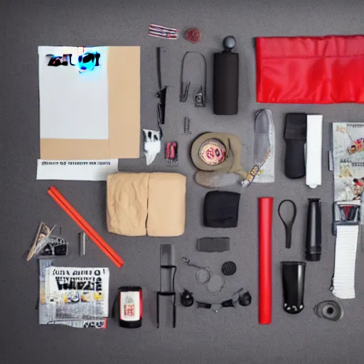 Prompt: Knolling of an effective survival kit for the zombie apocalypse | flat lay photography | neutral background | shot with a tripod | focal lenght 50.0mm | aperture f/11 | 1/30s shutter speed | ISO100