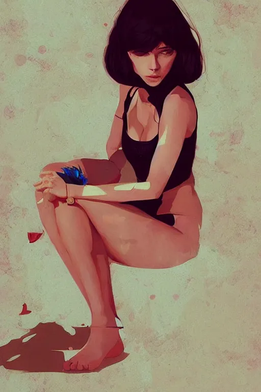 Image similar to a ultradetailed beautiful painting of a stylish woman sitting on the floor of a tiled room, by greg rutkowski, conrad roset, and ilya kuvshinov trending on artstation