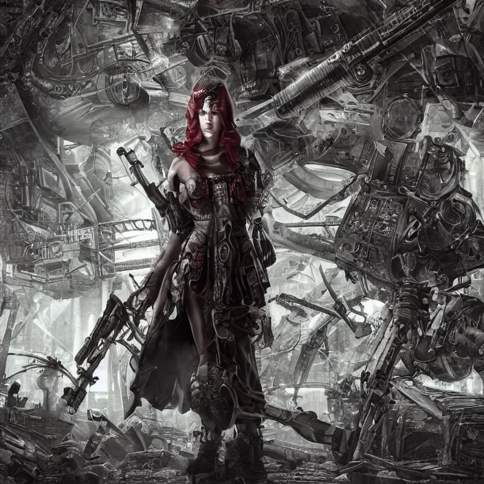 Image similar to apocalyptic woman in hood standing in hall of machinery and weaponry, hyper - detailed, smooth, sharp focus, 4 k ultra hd, fantasy dark art