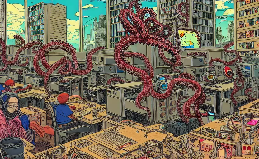 Prompt: hyper-detailed, intricate, illustration of a computer lab being overrun by tentacles, cyberpunk, high saturation, in the style of Geof Darrow