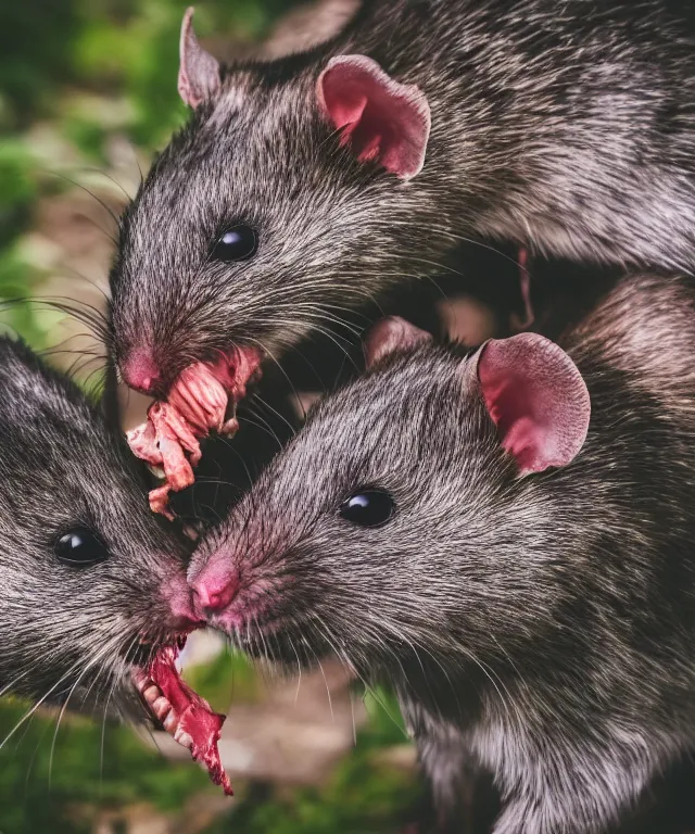 Image similar to high quality presentation photo of vicious anthropomorphic rats with sharp teeth eating meat, photography 4k f1.8 anamorphic bokeh 4k Canon Nikon