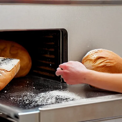 Prompt: bakers fighting bread that's trying to escape from the oven