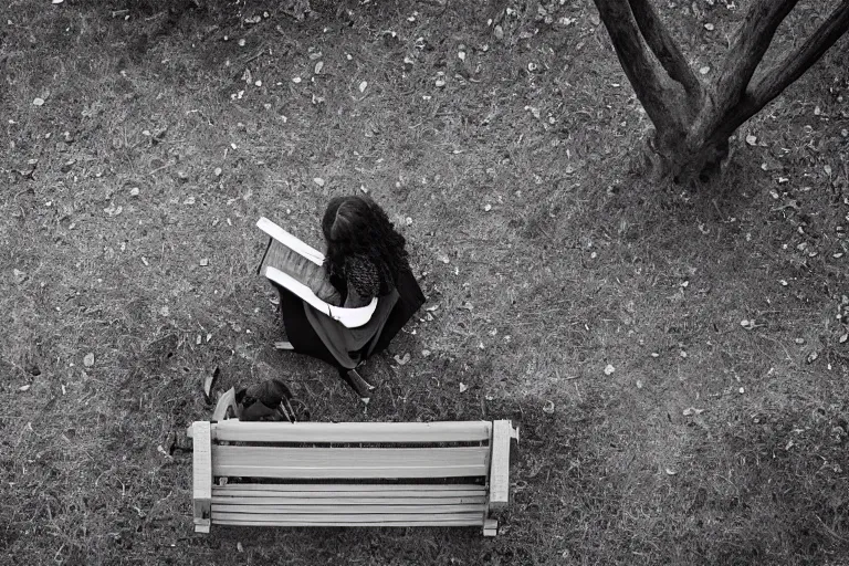 Prompt: A photograph of a woman reading a book while sitting on a bench in a clearing, next to the other vacant bench, looking down from above, black and white photo.ISO200,F4.5,80mm,1/30,Nikon D3.