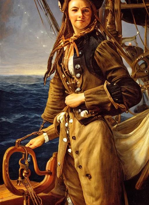 Prompt: close - up portrait of a female pirate with two peglegs and two hook hands, standing at the wheel of a galleon, sails and rigging, detailed dynamic light painting by albrecht anker