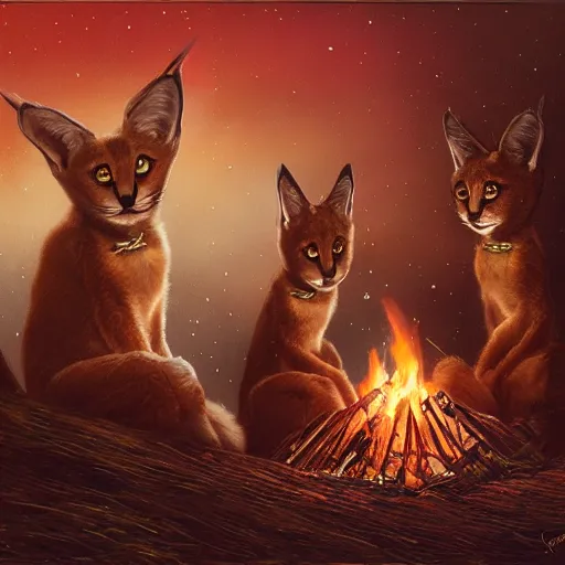 Image similar to three cute caracals wearing red bows and ties, campfire, guitar, night, atmospheric lighting, intricate, volumetric lighting, digital art, highly detailed by gaston bussiere, craig mullins, j. c. leyendecker 8 k