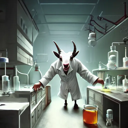 Prompt: a mad scientist goat in lab coats mixing acids, digital art, trending on artstation and unreal engine, deviantart, smooth, hyper detailed, award - winning, hd