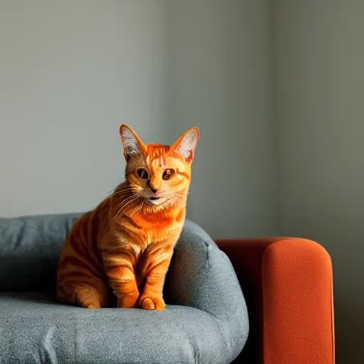 Image similar to an orange lazy tabby cat on a sofa studio lighting goofy foggy