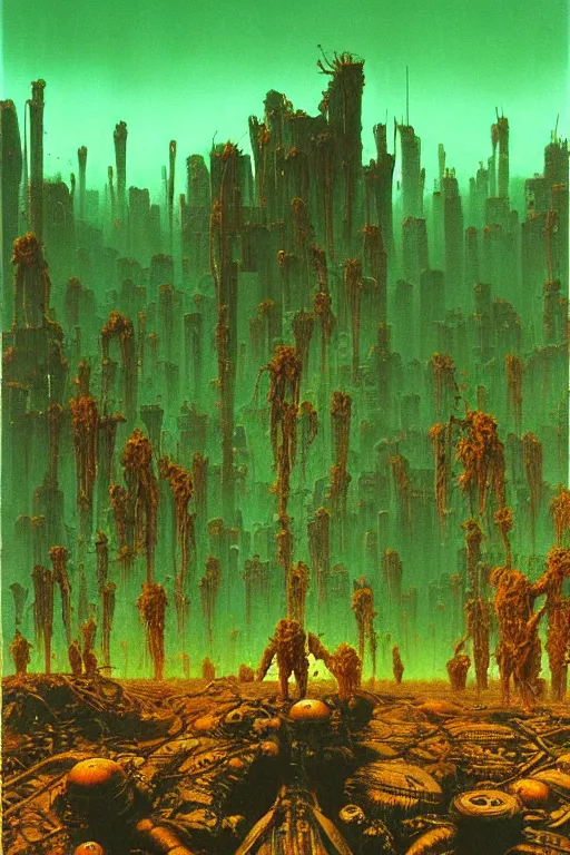 Image similar to glowing green alien crystals irradiating zombie infested city, orange and red wasteland, survival post - apocalyptic, ruined tanks, beksinski, dark sci - fi