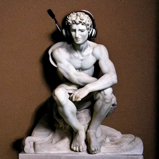 Prompt: A photo of Michelangelo’s sculpture of David wearing headphones DJing