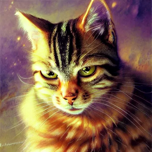 Image similar to portrait of a furry fluffy female tabby cat in a business suit. shadowrun cyberpunk furaffiniy fantasy highly detailed painting by gaston bussiere craig mullins jc leyendecker gustav klimt artgerm greg rutkowski john berkey, bergey, craig mullins, ruan jia, raymond swanland, jeremy mann, tom lovell, alex malveda