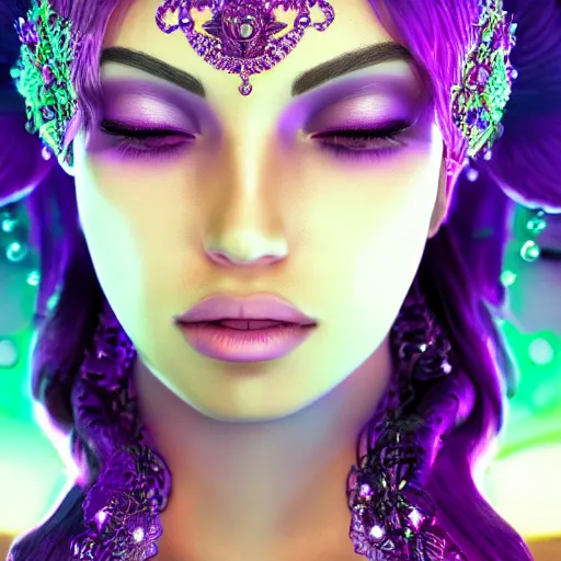 Image similar to portrait princess of amethyst, glowing, ornate and intricate purple jewelry, jaw dropping beauty, glowing background lighting, purple accent lighting, hyper detailed, fairy tale, 4 k octane render