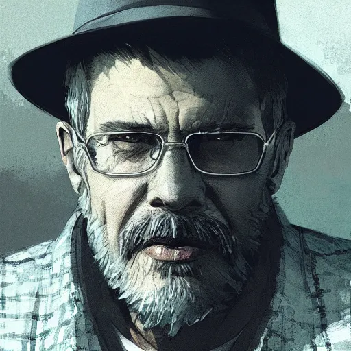 Prompt: portrait of a 55 year old man with short gray hair and a round gray beard, wearing a checkered shirt and a wide brimmed hat, dramatic lighting, illustration by Greg rutkowski, yoji shinkawa, 4k, digital art, concept art, trending on artstation