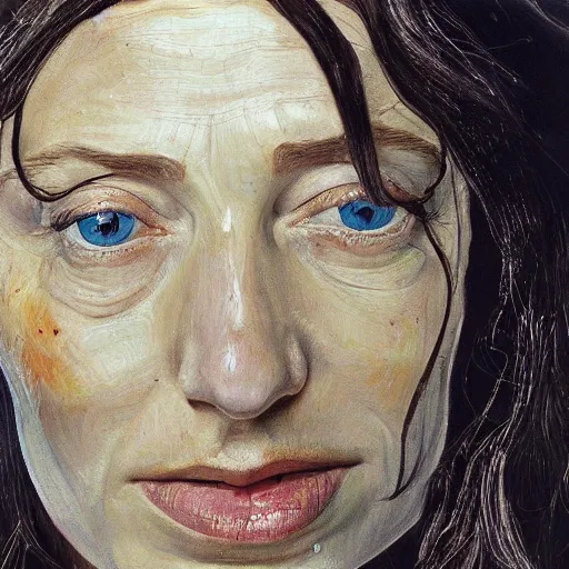 Image similar to high quality high detail painting by lucian freud, hd, galadriel from lord of the rings