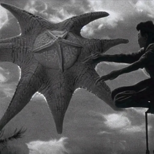 Image similar to a couple escaping from a giant Kaiju Starfish Monster over a traditional Korean village, minimal cinematography by Akira Kurosawa, movie filmstill, film noir, thriller by Kim Jong-il and Shin Sang-ok