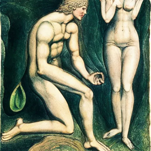 Image similar to adam and eve in the style of william blake