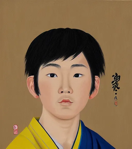 Prompt: Portrait of a Japanese Boy in an Edo Dojo, painting by Hung Liu and Yasutomo Oka