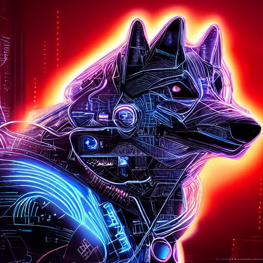 Prompt: face of a cybernetic wolf, futuristic, cyberpunk, symmetric, digital illustration, photo - realistic, macro, extremely detailed, vivid, neon, dramatic lighting, intricate details